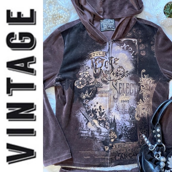 🔥Rare🔥 Y2K Vintage Brown Velour Embellished Track Suit, XL, Made in 🇺🇸 - Picture 14 of 16